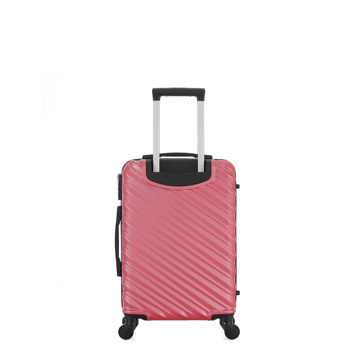 Rear view of the Small raspberry hard-shell suitcase with diagonal ribbed detailing, telescopic handle and spinner wheels.