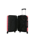 Open view of the Small raspberry hard-shell suitcase showing the black lined interior, zippered divider compartment and adjustable packing straps.