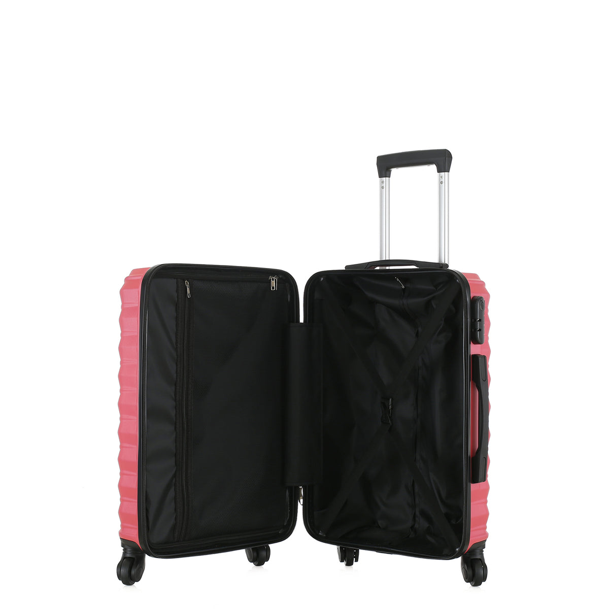 Open view of the Small raspberry hard-shell suitcase showing the black lined interior, zippered divider compartment and adjustable packing straps.