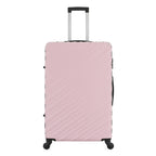 Front view of the Large Pink Blush hard-shell suitcase with diagonal ribbed detailing, extended telescopic handle and spinner wheels.
