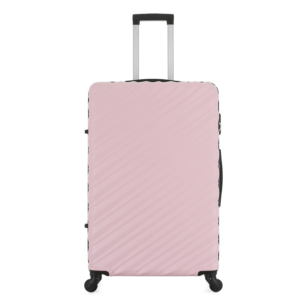 Front view of the Large Pink Blush hard-shell suitcase with diagonal ribbed detailing, extended telescopic handle and spinner wheels.