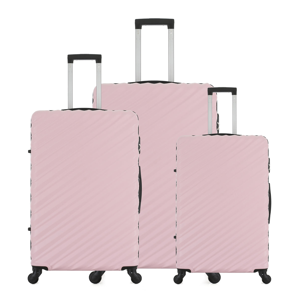 Three Pink Blush hard-shell suitcases in Small, Medium and Large sizes, featuring diagonal ribbed detailing, telescopic handles and spinner wheels.