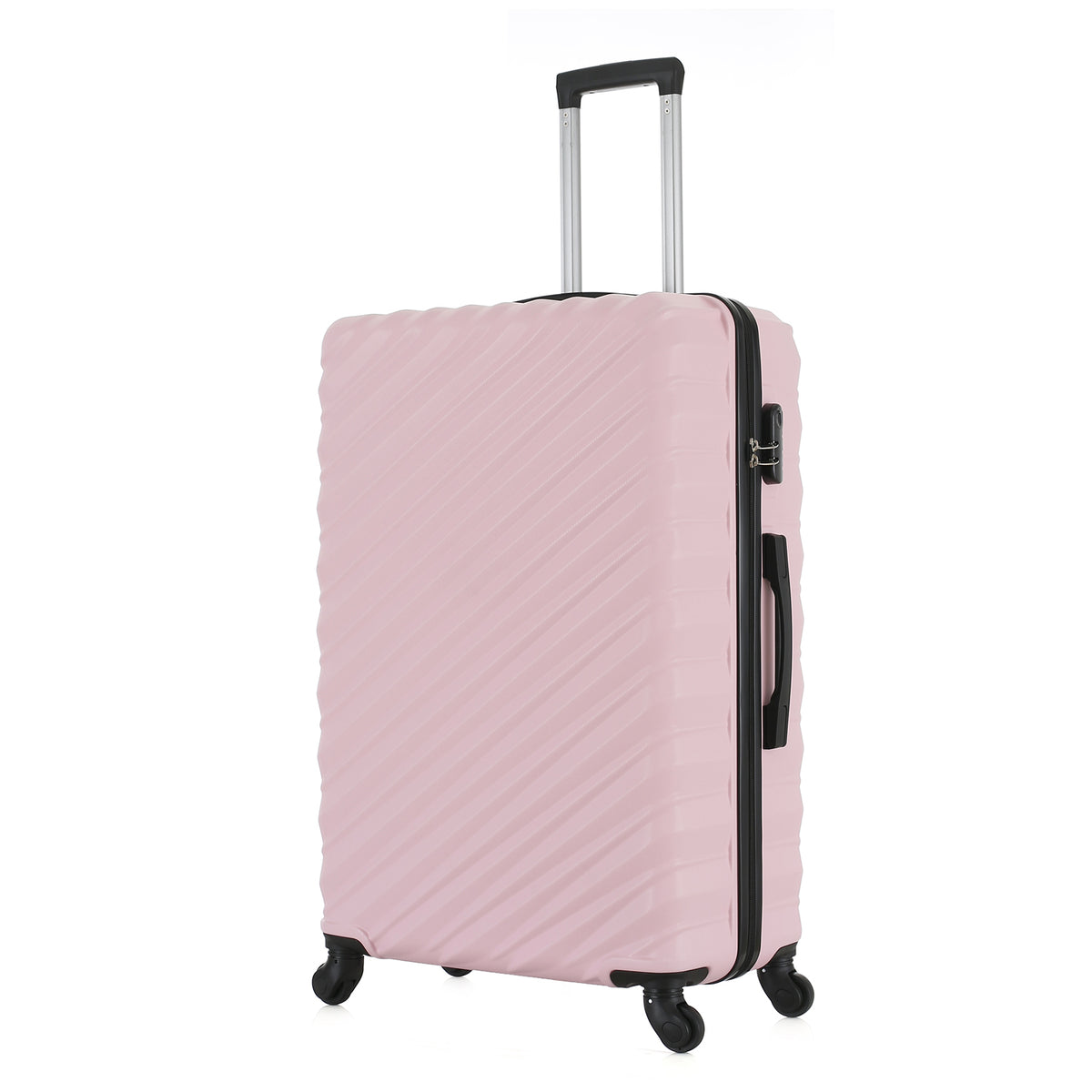 Angled view of the Large Pink Blush hard-shell suitcase showing the ribbed shell, zip closure, side carry handle and spinner wheels.