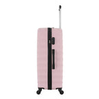 Side view of the Large Pink Blush hard-shell suitcase showing the combination lock, zip closure, side carry handle and spinner wheels.