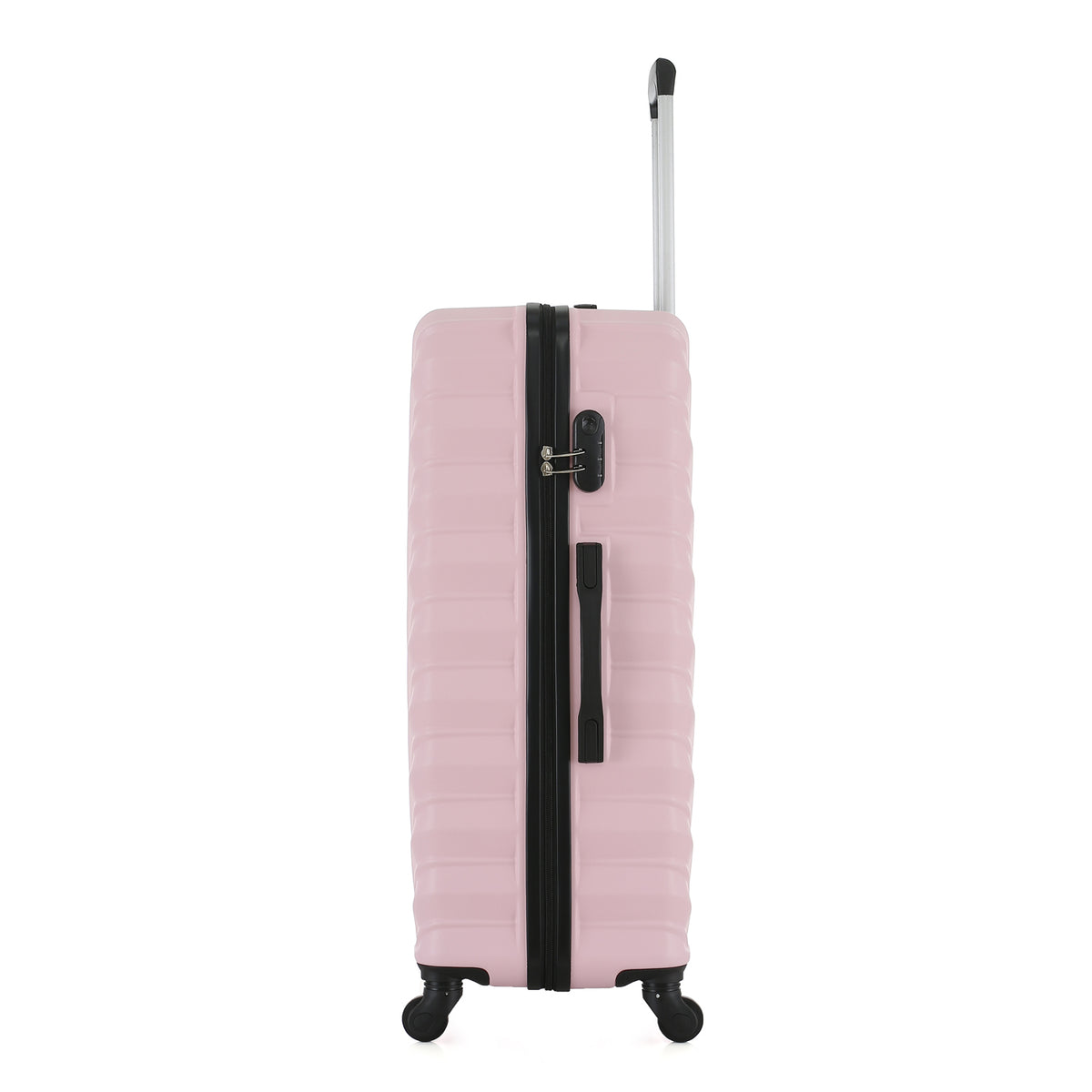 Side view of the Large Pink Blush hard-shell suitcase showing the combination lock, zip closure, side carry handle and spinner wheels.