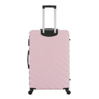 Rear view of the Large Pink Blush hard-shell suitcase with diagonal ribbed detailing, telescopic handle and spinner wheels.