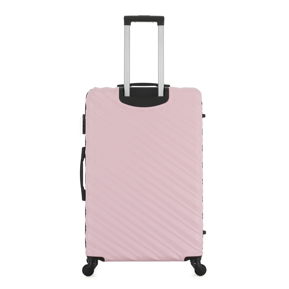 Rear view of the Large Pink Blush hard-shell suitcase with diagonal ribbed detailing, telescopic handle and spinner wheels.