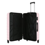 Open view of the Large Pink Blush hard-shell suitcase showing the black lined interior, zippered divider compartment and adjustable packing straps.