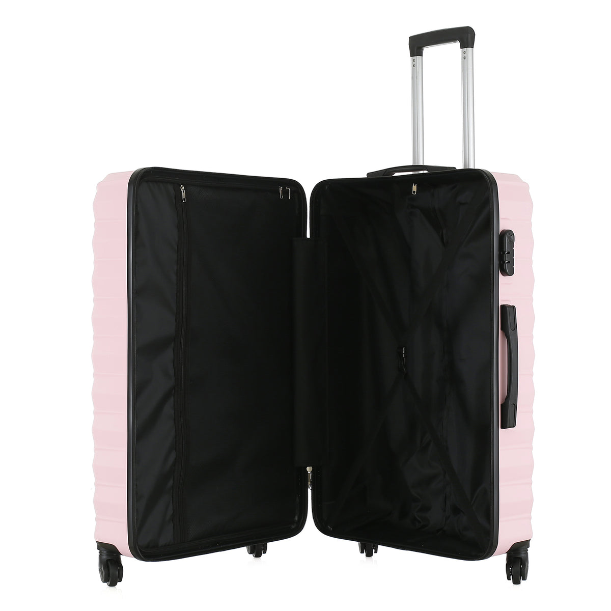 Open view of the Large Pink Blush hard-shell suitcase showing the black lined interior, zippered divider compartment and adjustable packing straps.