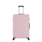 Front view of the Medium Pink Blush hard-shell suitcase with diagonal ribbed detailing, extended telescopic handle and spinner wheels.