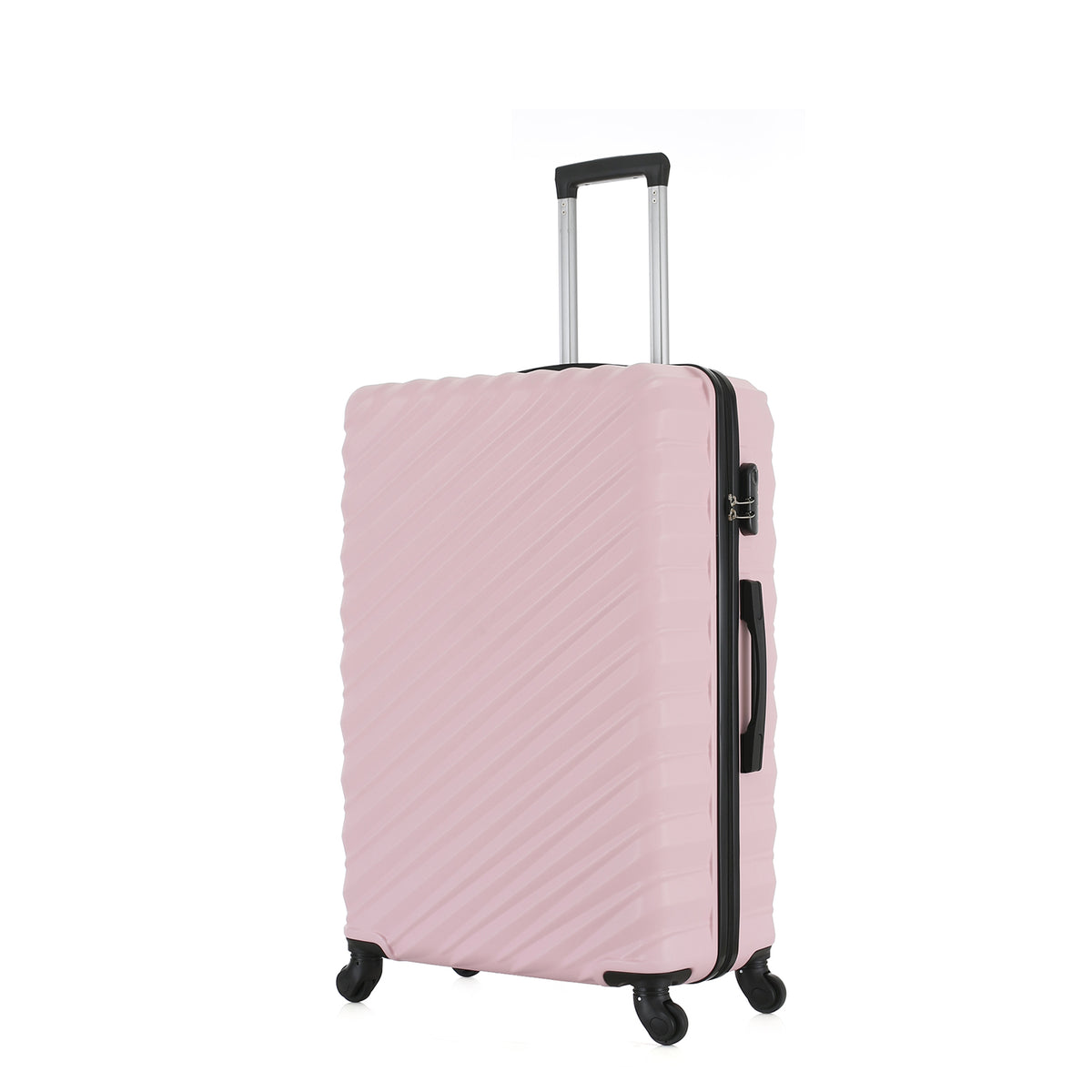 Angled view of the Medium Pink Blush hard-shell suitcase showing the ribbed shell, zip closure, side carry handle and spinner wheels.