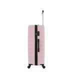 Side view of the Medium Pink Blush hard-shell suitcase showing the combination lock, zip closure, side carry handle and spinner wheels.