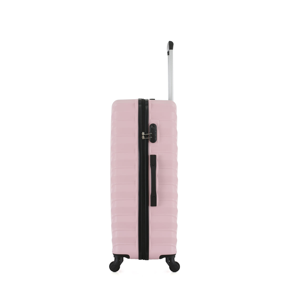 Side view of the Medium Pink Blush hard-shell suitcase showing the combination lock, zip closure, side carry handle and spinner wheels.
