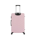 Rear view of the Medium Pink Blush hard-shell suitcase with diagonal ribbed detailing, telescopic handle and spinner wheels.