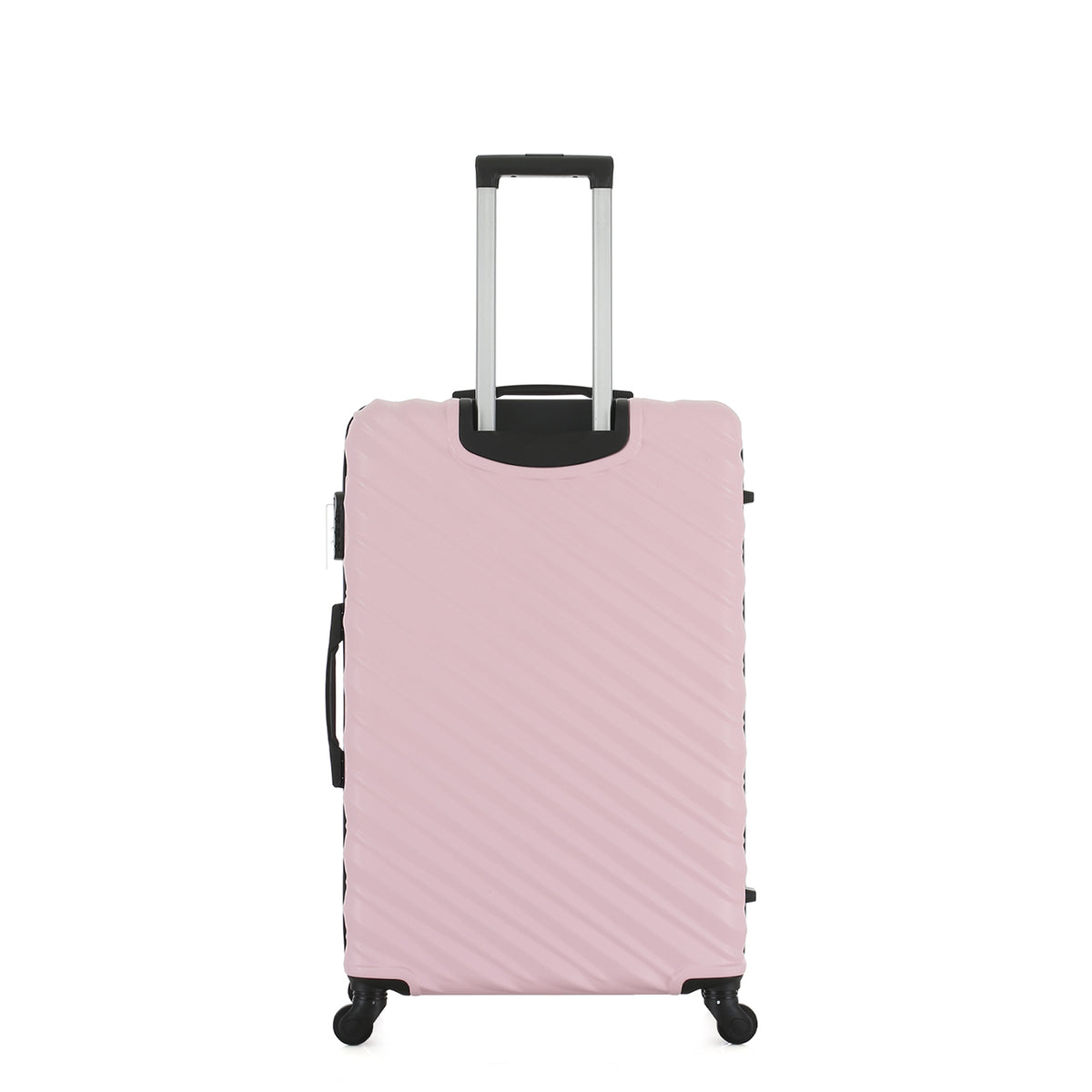 Rear view of the Medium Pink Blush hard-shell suitcase with diagonal ribbed detailing, telescopic handle and spinner wheels.