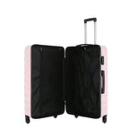 Open view of the Medium Pink Blush hard-shell suitcase showing the black lined interior, zippered divider compartment and adjustable packing straps.