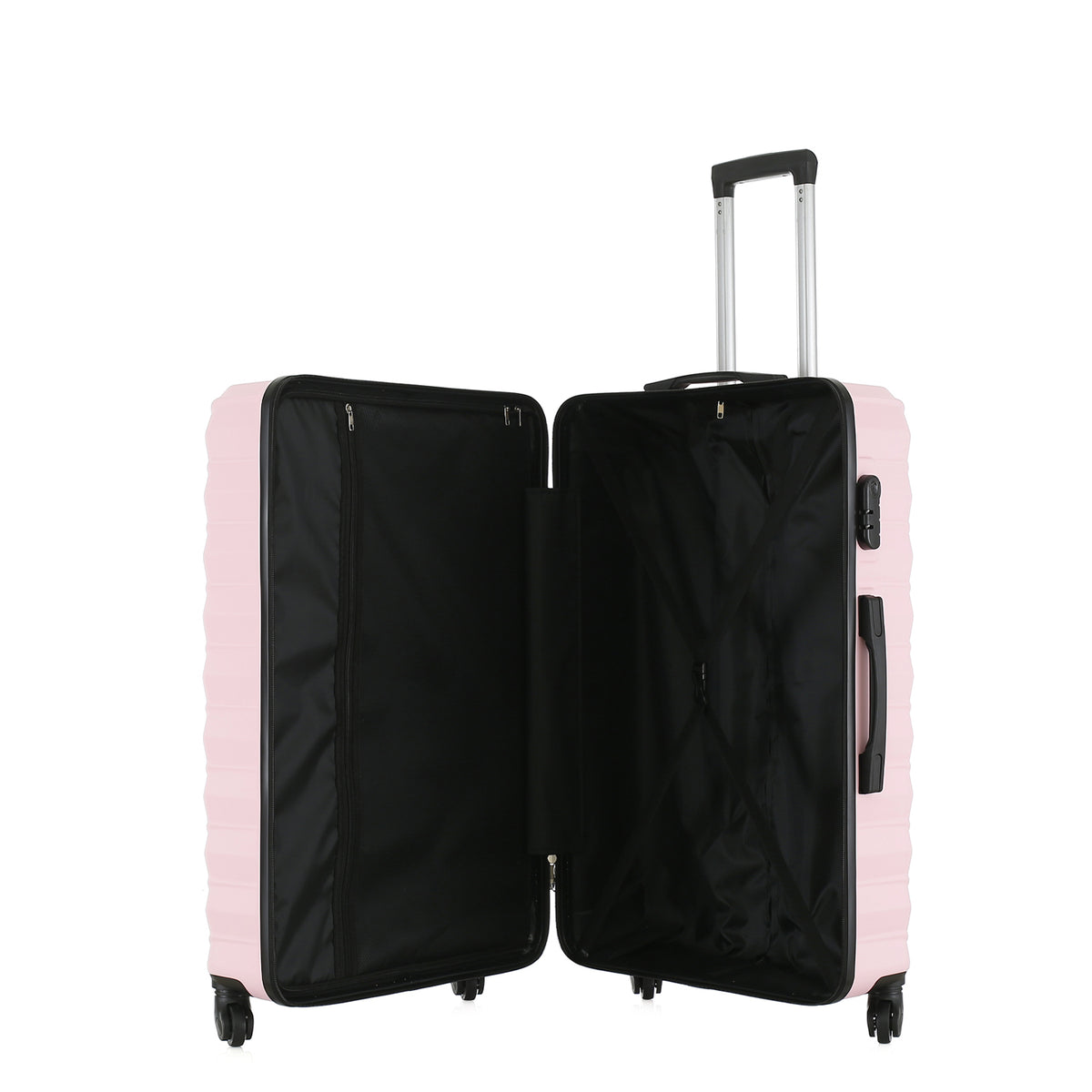 Open view of the Medium Pink Blush hard-shell suitcase showing the black lined interior, zippered divider compartment and adjustable packing straps.