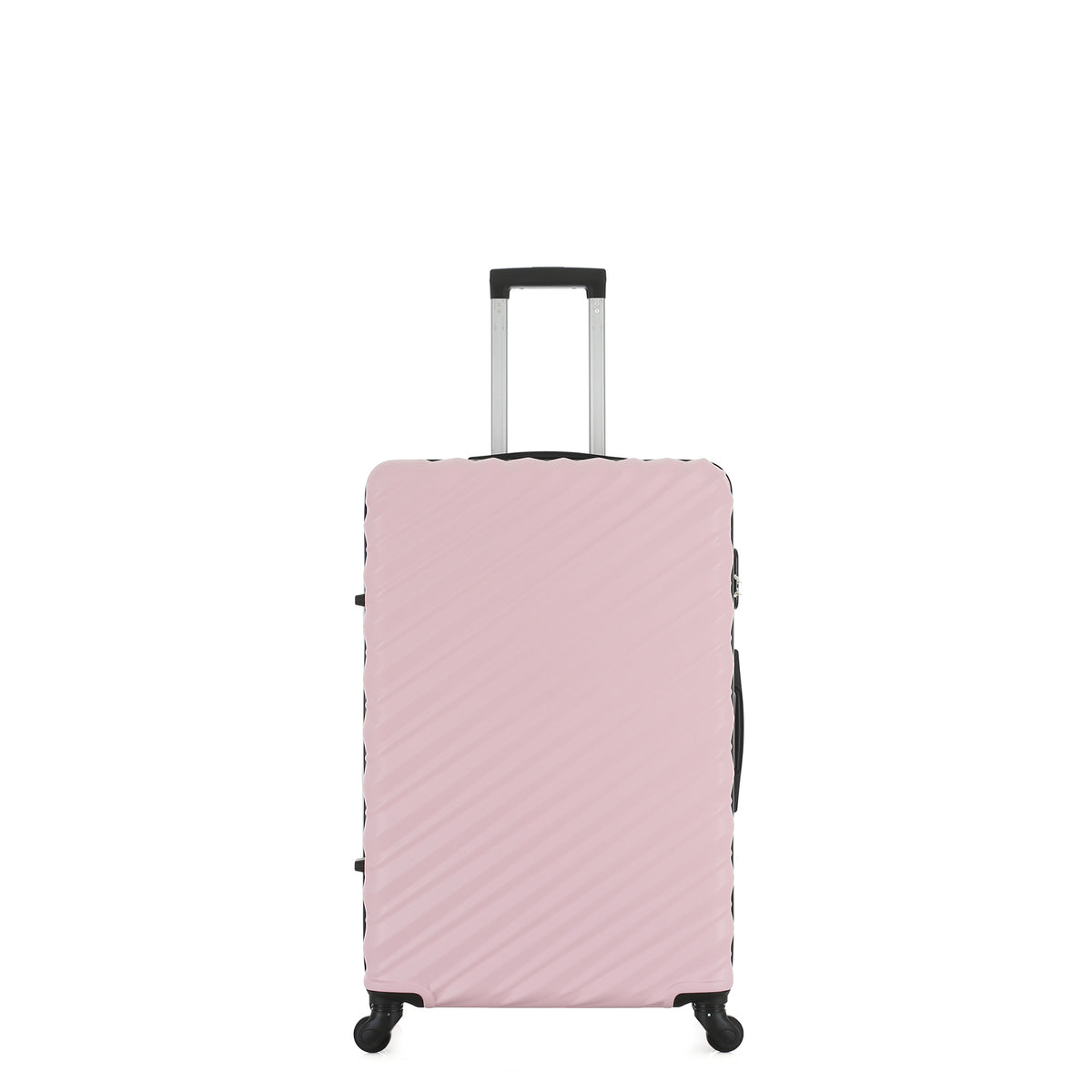 Front view of the Small Pink Blush hard-shell suitcase with diagonal ribbed detailing, telescopic handle and spinner wheels.