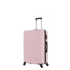 Angled view of the Small Pink Blush hard-shell suitcase showing the ribbed shell, zip closure, side carry handle and spinner wheels.