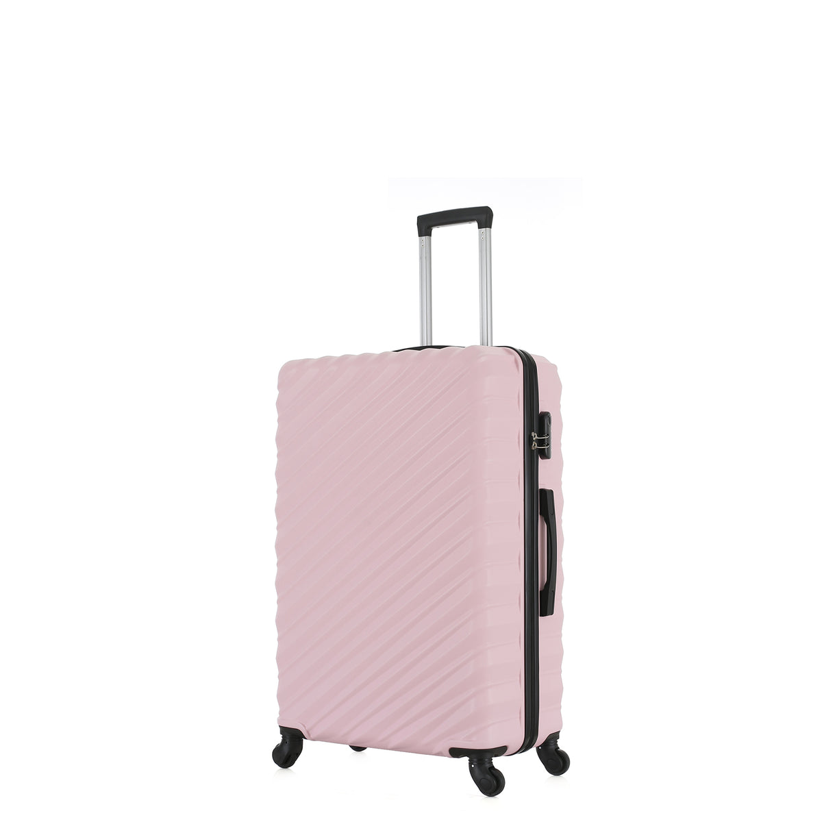 Angled view of the Small Pink Blush hard-shell suitcase showing the ribbed shell, zip closure, side carry handle and spinner wheels.