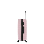 Side view of the Small Pink Blush hard-shell suitcase showing the combination lock, zip closure, side carry handle and spinner wheels.