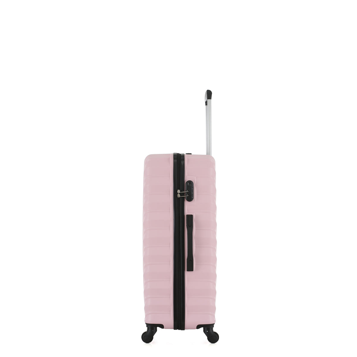 Side view of the Small Pink Blush hard-shell suitcase showing the combination lock, zip closure, side carry handle and spinner wheels.