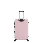 Rear view of the Small Pink Blush hard-shell suitcase with diagonal ribbed detailing, telescopic handle and spinner wheels.