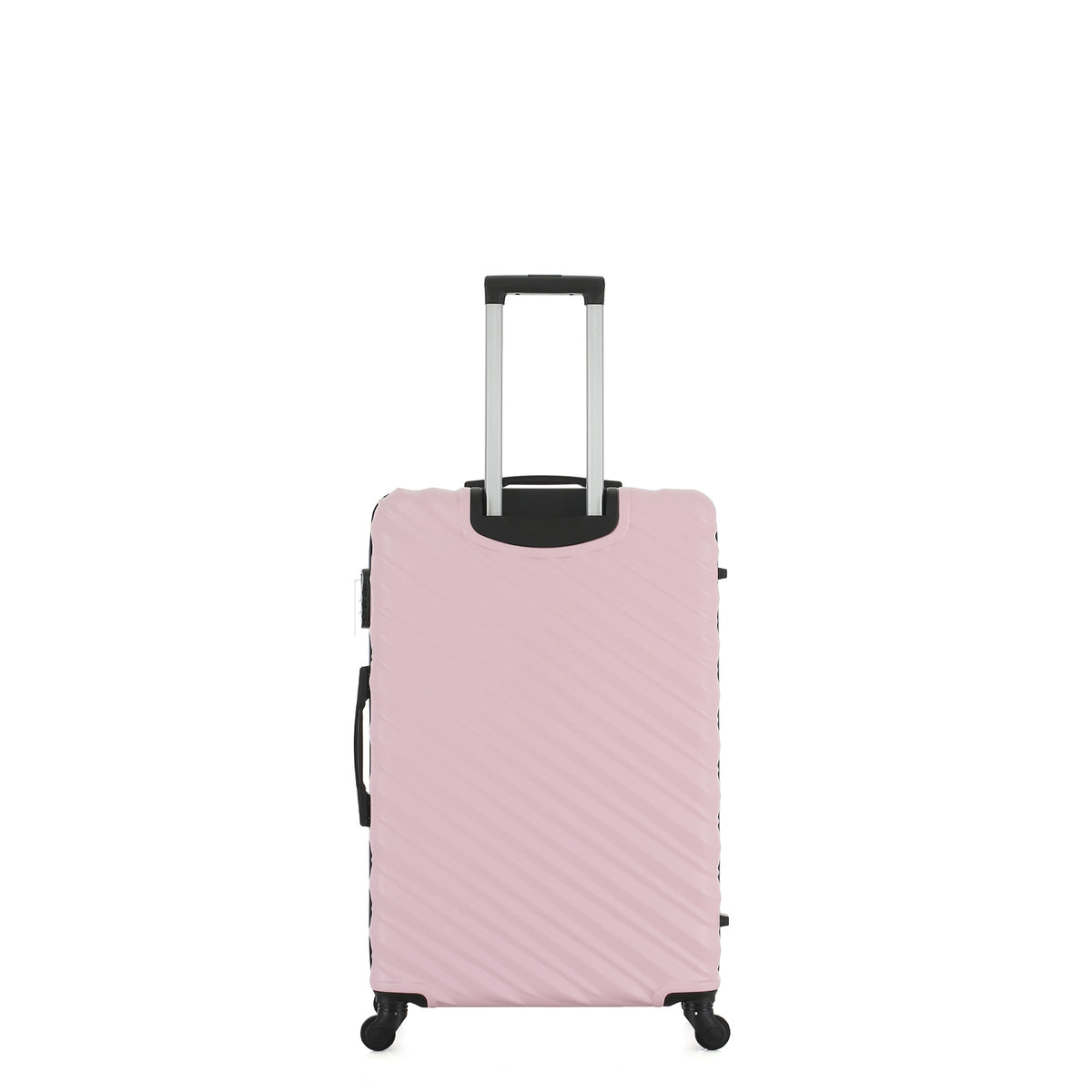 Rear view of the Small Pink Blush hard-shell suitcase with diagonal ribbed detailing, telescopic handle and spinner wheels.