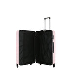Open view of the Small Pink Blush hard-shell suitcase showing the black lined interior, zippered divider compartment and adjustable packing straps.