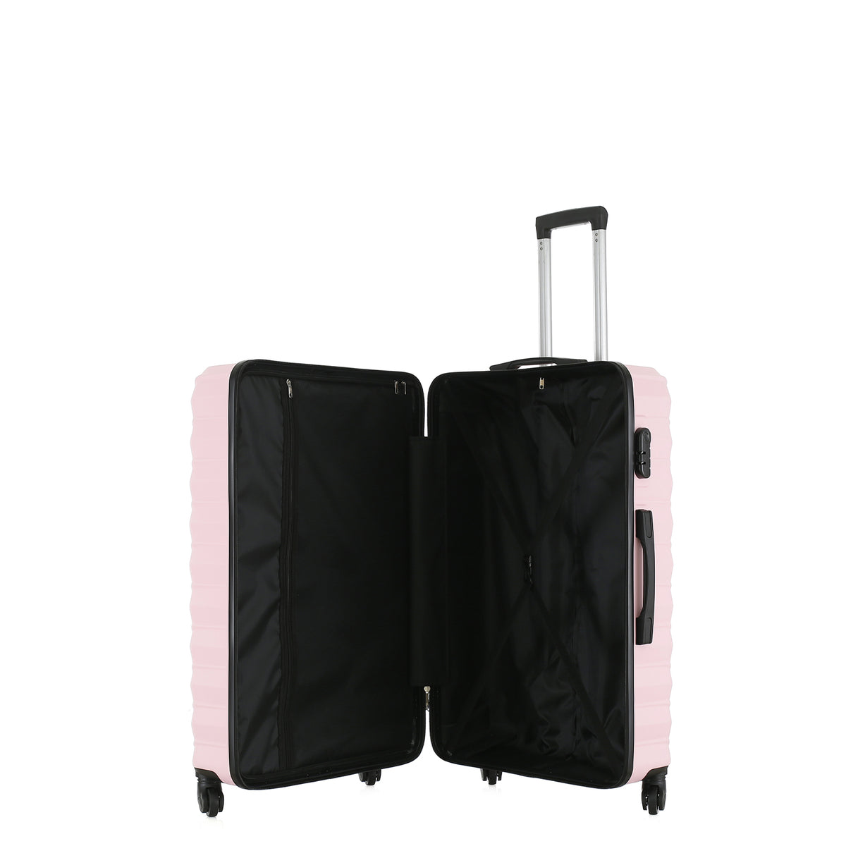 Open view of the Small Pink Blush hard-shell suitcase showing the black lined interior, zippered divider compartment and adjustable packing straps.