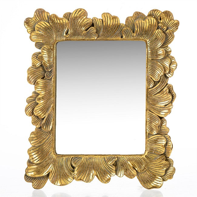 An ornate rectangular wall mirror with a highly detailed, sculpted frame in a textured gold finish, featuring leaf-like or acanthus leaf motifs around the border.