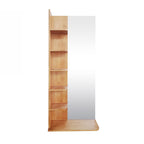 A tall, narrow wooden shelving unit with five open shelves on the left and a large mirror on the right, shown against a plain white background.