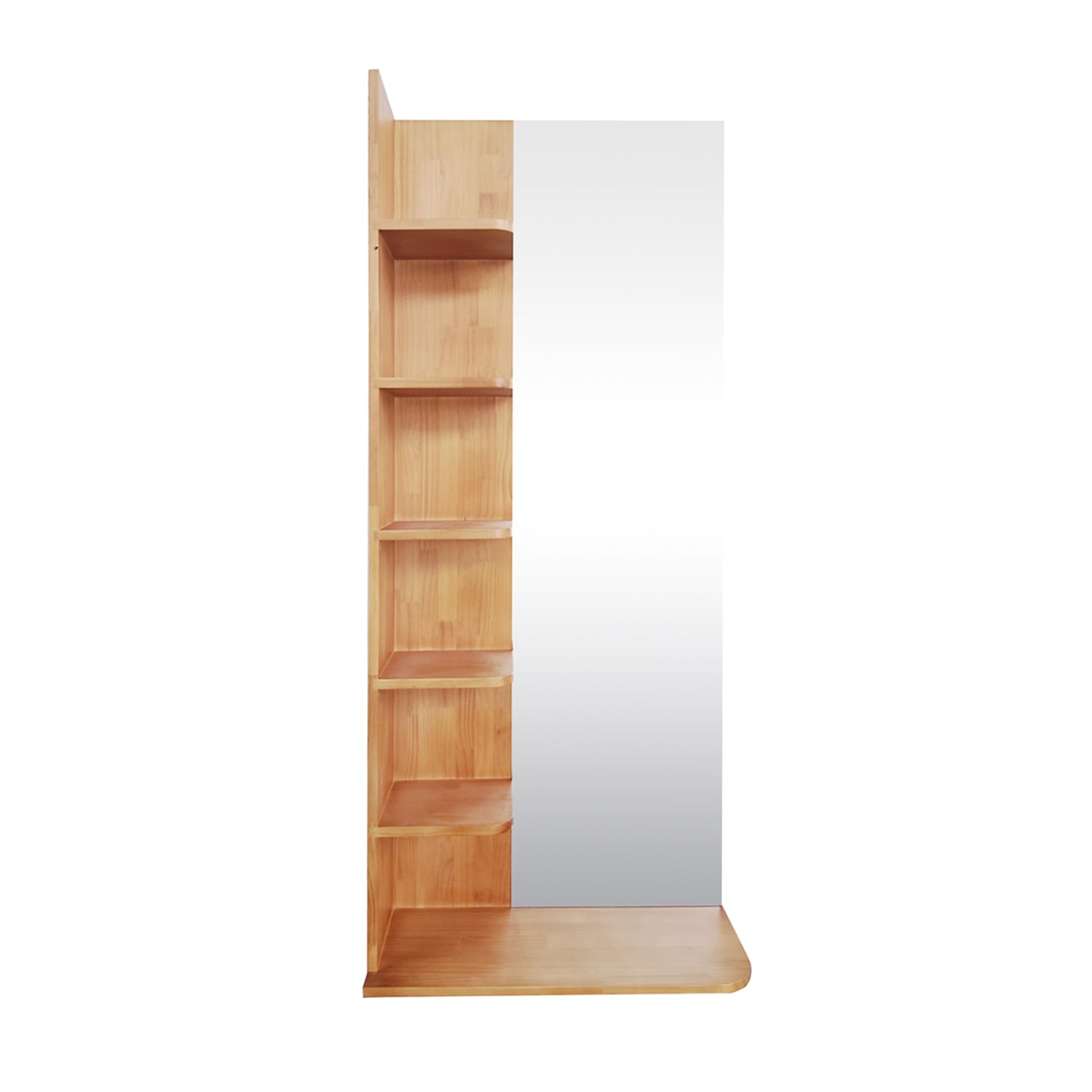 A tall, narrow wooden shelving unit with five open shelves on the left and a large mirror on the right, shown against a plain white background.