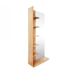 A tall, narrow wooden shelving unit with five open shelves and a large mirror on the front, shown against a plain white background.