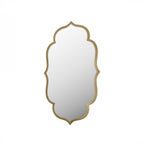 Decorative wall mirror with an ornate Moroccan-inspired silhouette and antique gold metal frame, displayed against a light grey background.