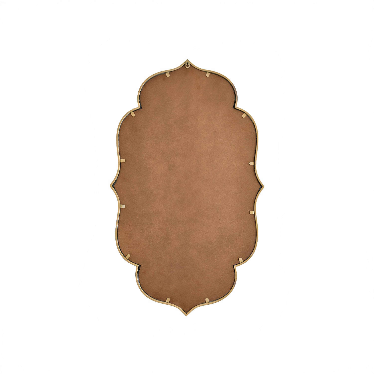 Rear view of a decorative wall mirror featuring a shaped backing board, antique gold frame, and integrated wall hanging fixture, displayed against a light grey background.