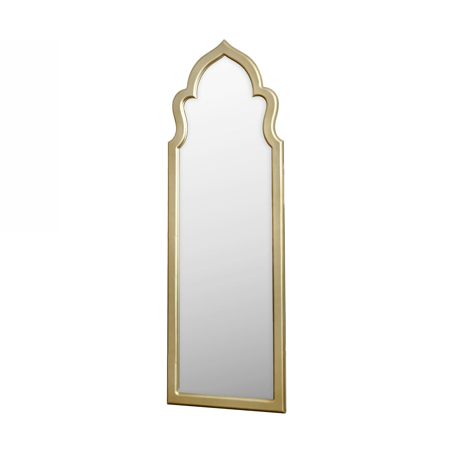 Full-length decorative wall mirror with an elegant Moroccan-inspired arch silhouette and antique gold metal frame, displayed against a light grey background.