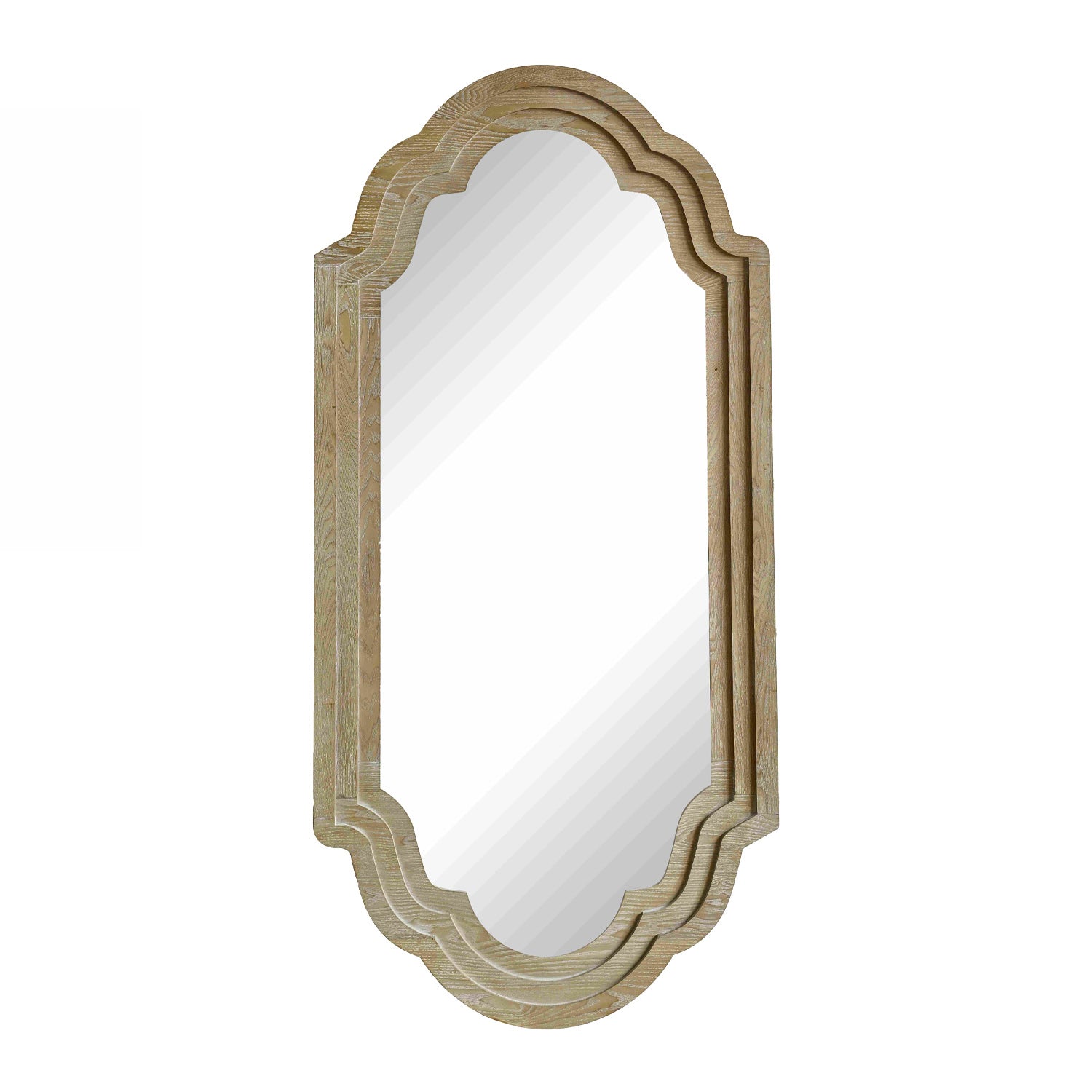 Full-length decorative mirror with a layered natural wood frame and elegant arched silhouette, displayed against a light grey background.