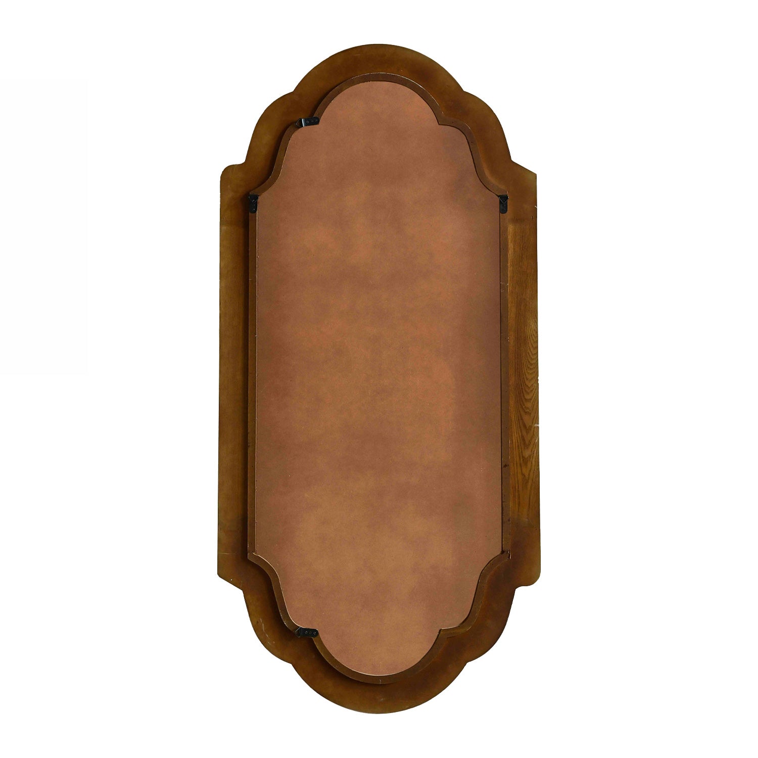 Rear view of a full-length decorative mirror featuring a shaped backing board, natural wood frame, and integrated wall mounting hardware, displayed against a light grey background.