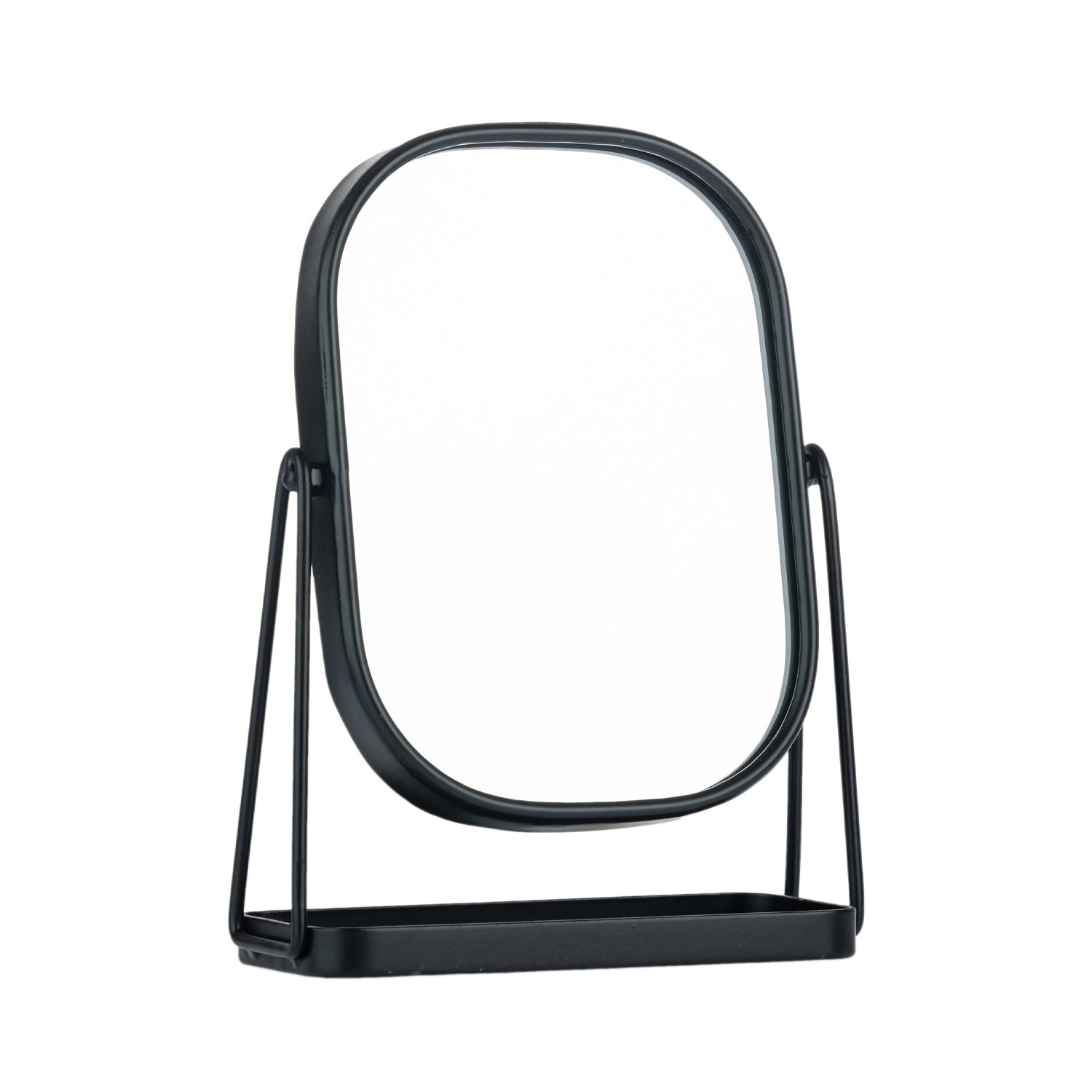 Black tabletop vanity mirror with a rounded rectangular frame, tilting stand, and integrated storage tray.