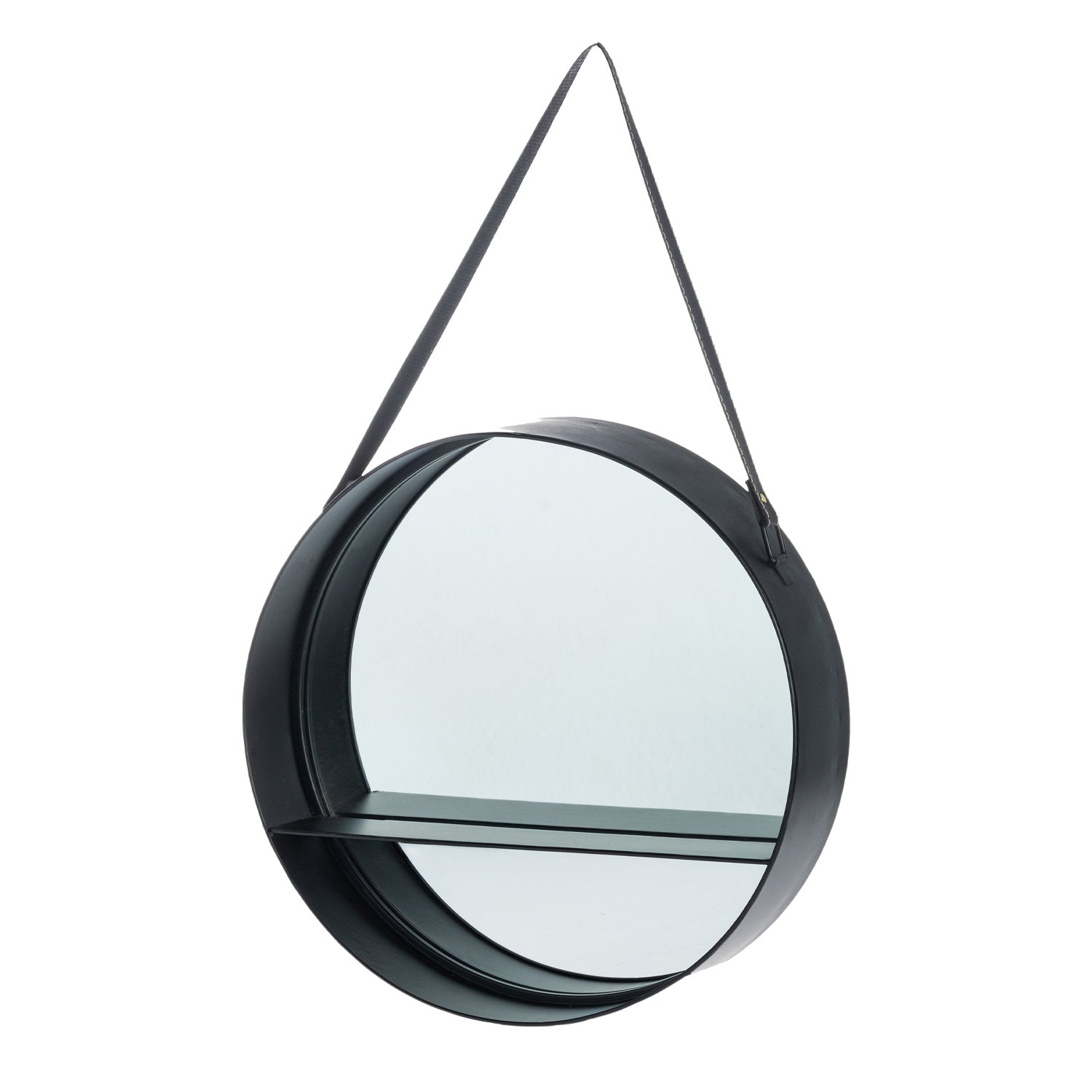 Round black hanging wall mirror with a built-in display shelf and adjustable hanging strap.