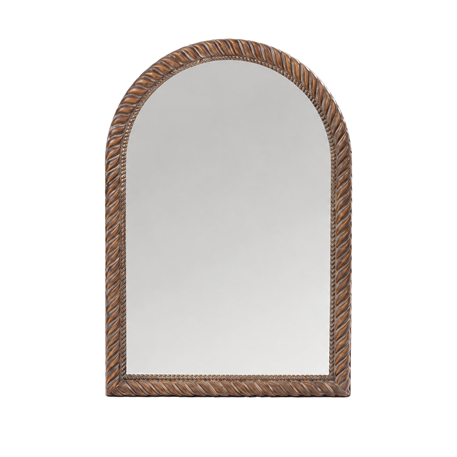 Design Republique Haven Arch Mirror in Brown, featuring an arched silhouette with a decorative twisted rope-style frame and warm bronze-brown finish.
