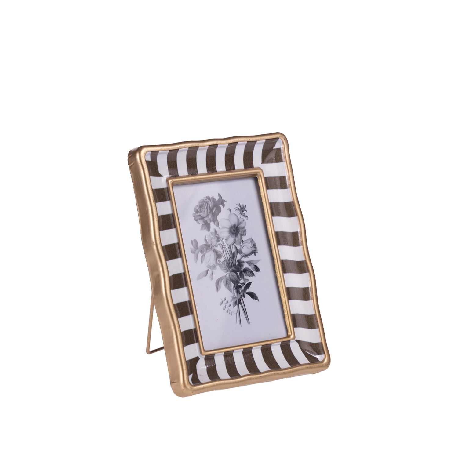 Design Republique Haven Stripe Frame in Brown, featuring brown and white stripes with a warm gold-toned border and freestanding easel back.