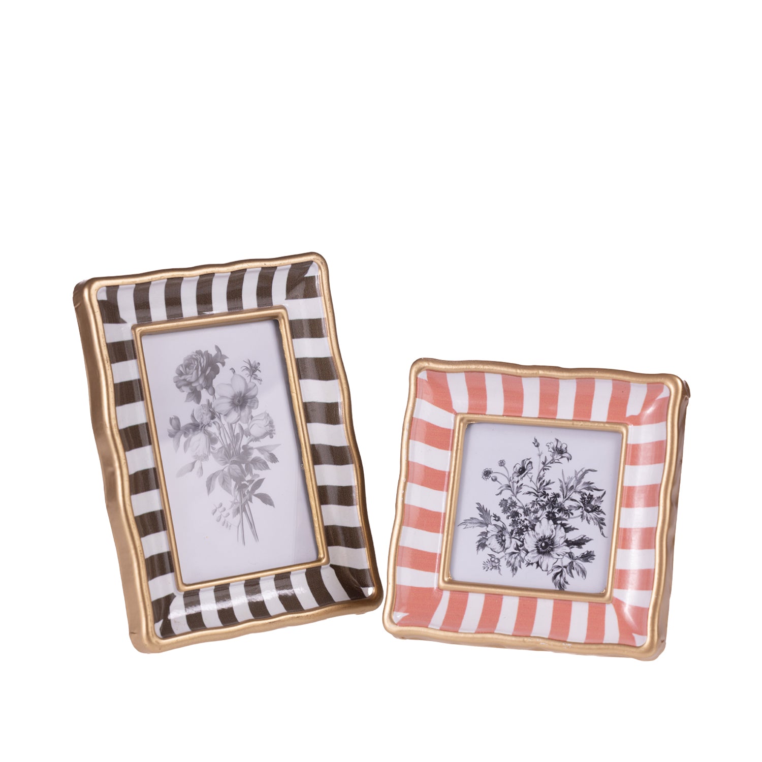 Design Republique Haven Stripe Frames in Brown and Rust, displayed together to show the coordinating striped designs and gold-toned edging.