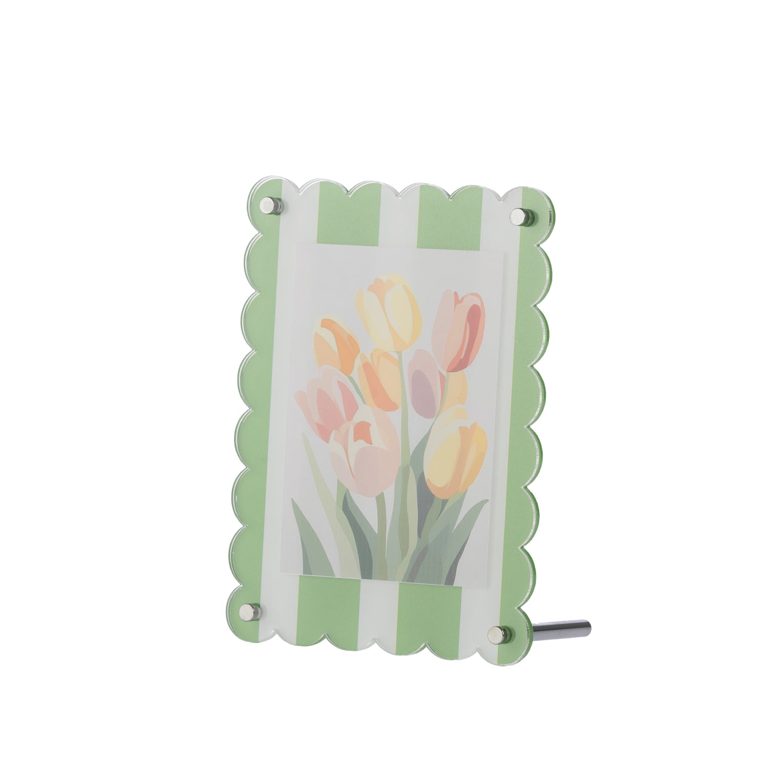 Green scalloped-edge photo frame with a striped green and white design, silver corner fasteners and a floral print displayed inside, shown on a white background.