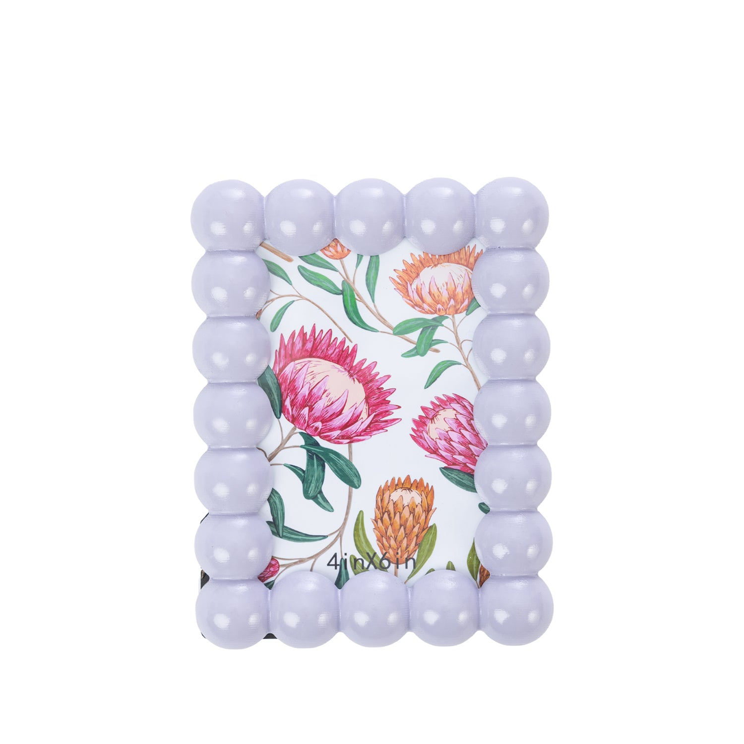 Lilac bobble-style photo frame with rounded bead detailing around the border and a colourful floral print displayed inside, shown on a white background.