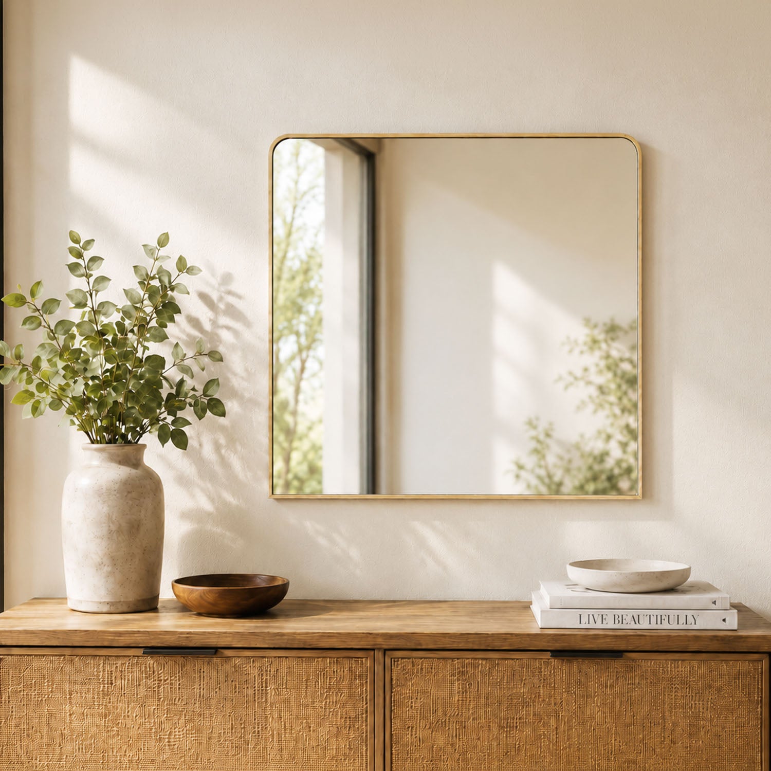 Gold aluminium mantel mirror styled above a wooden console table with decorative vases and books in a warm neutral room.