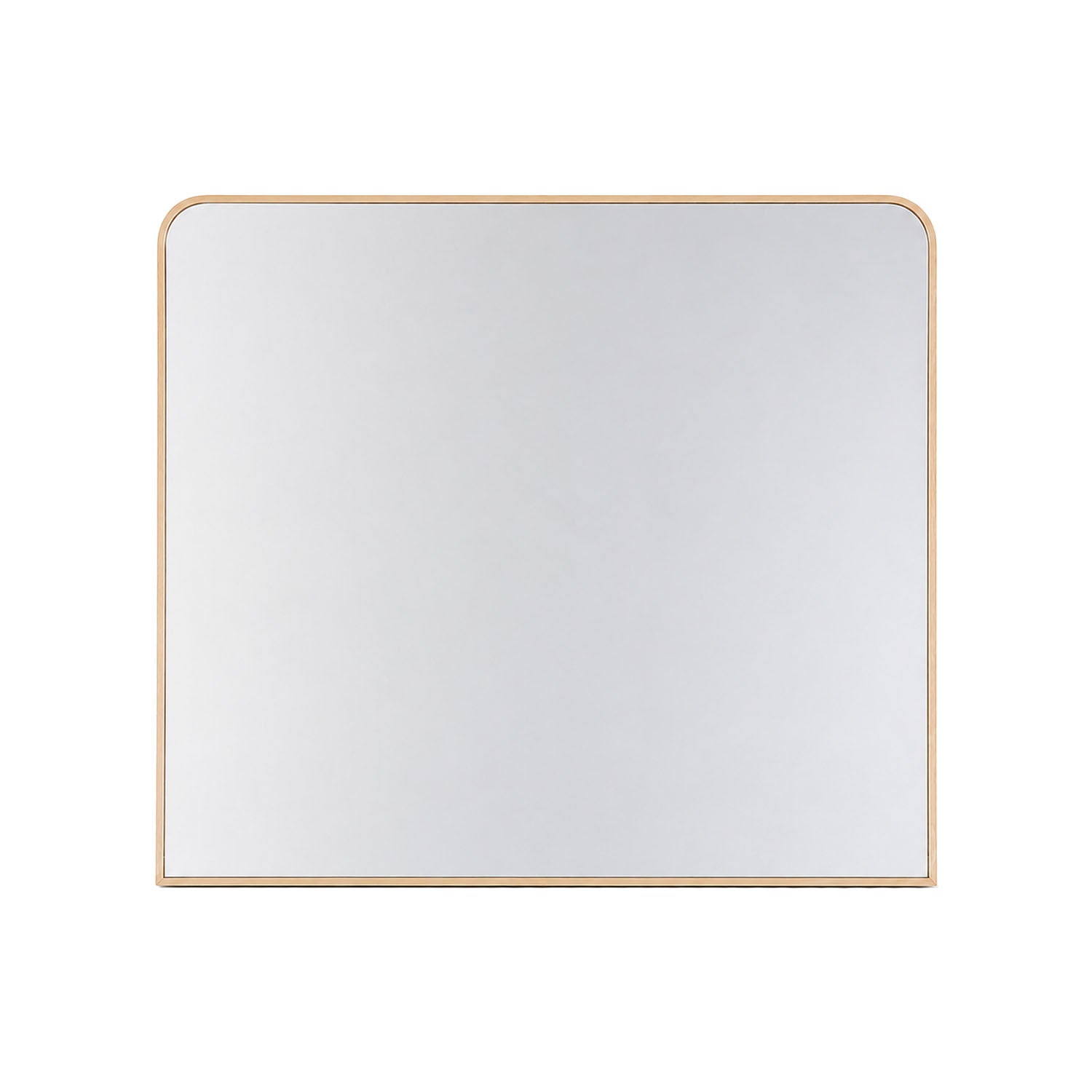 Gold aluminium mantel mirror with soft rectangular shape and rounded top corners on a white background.