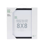A boxed set of six 8×8-inch black gallery picture frames is shown in its white retail packaging against a plain light background.