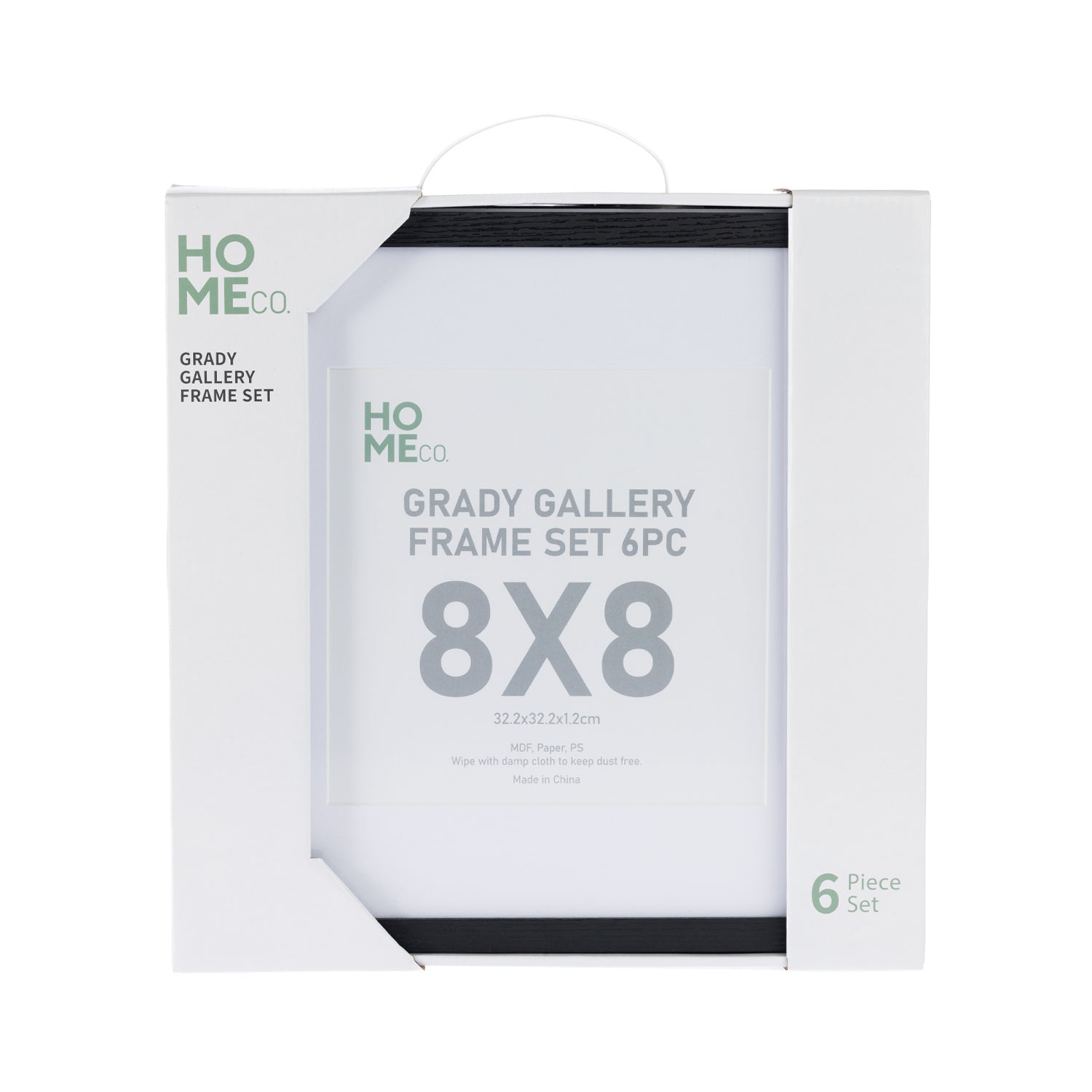 A boxed set of six 8×8-inch black gallery picture frames is shown in its white retail packaging against a plain light background.